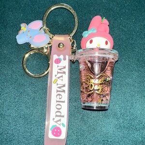 Sanrio My Melody Pink Keychain with Clear 'Sweet Day' Drink Charm